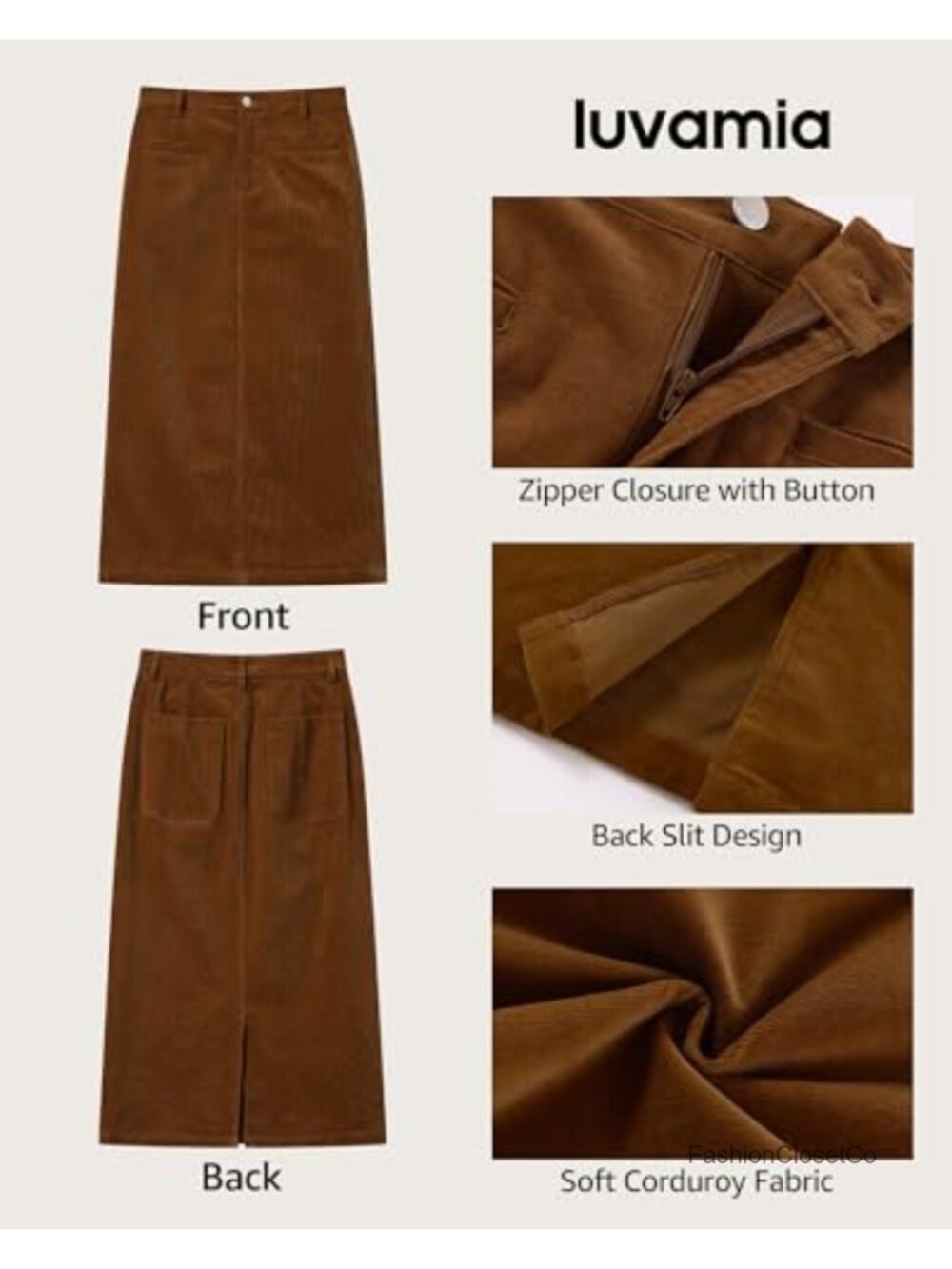 Corduroy Midi Skirt High Waisted Elastic Waist Pockets Stretchy - Picture 5 of 6
